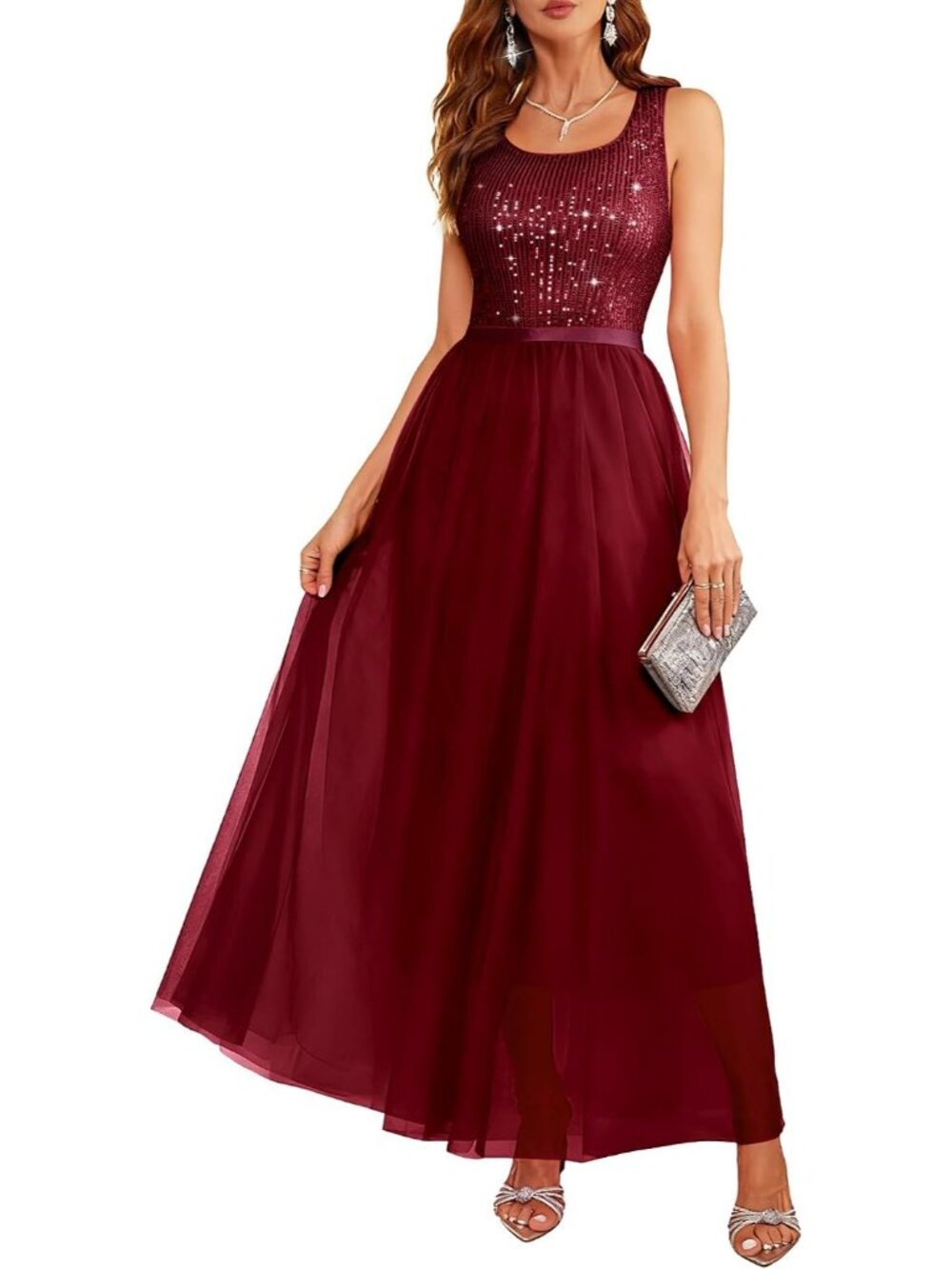 Women's Long Burgundy A LINE Sequin Silhouette Shimmer Mesh Cocktail Maxi Dress